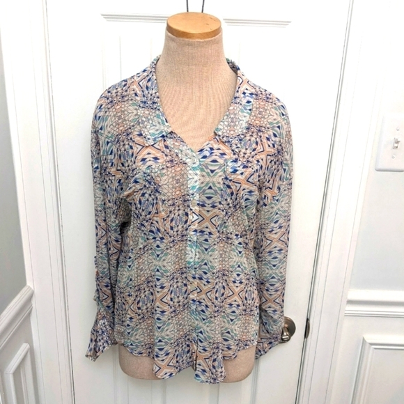 Free People Sheer Cream Geometric Button Down Top - Picture 1 of 10